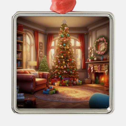 VREDIGE KERSTMORGEN MET BOOM EN CADEAUS METALEN ORNAMENT (Voorkant)