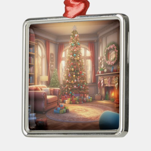 VREDIGE KERSTMORGEN MET BOOM EN CADEAUS METALEN ORNAMENT (Links)