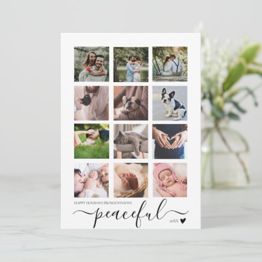Vredige moderne minimalistische kerst foto collage feestdagenkaart (Staand voorkant)