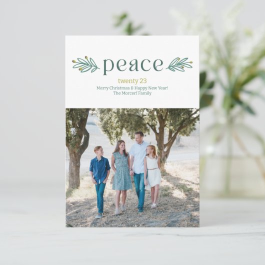 Vredige Olijfmerk vakantie fotokaart Aankondiging (Staand voorkant)