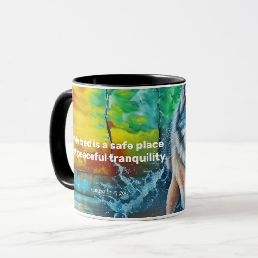 Vredige slaapmantra met grijze wolf in bos Mok (Voorkant links)