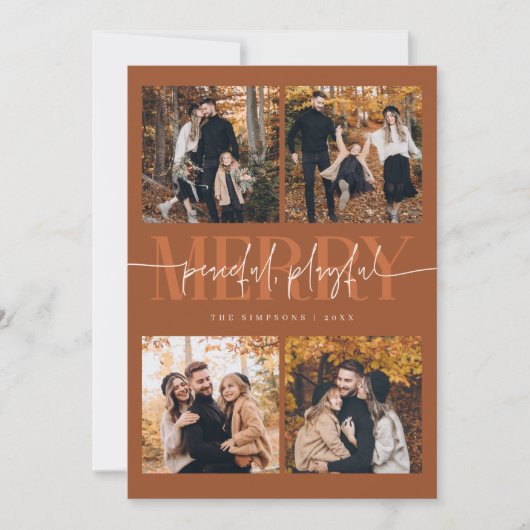 Vredige speelse vrolijke terracotta kerstfoto feestdagenkaart (Voorkant)