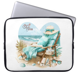 VREDIGE STRANDSCÈNE MET BOEKEN STOEL DEKENS LAPTOP SLEEVE