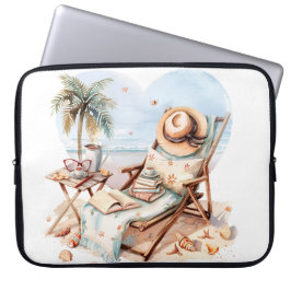 VREDIGE STRANDSCÈNE MET BOEKEN STOEL DEKENS LAPTOP SLEEVE