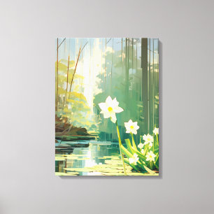 Vredige vijver met witte narcissen canvas afdruk