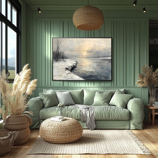 Vredige Winter River bij zonsopgang, getextureerd  Poster