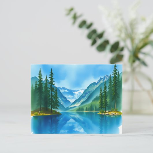 Vreedzaam bergmeer met hoge bomen briefkaart (Staand voorkant)