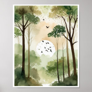 Vreedzaam bos enkele boom tjilpende vogels poster