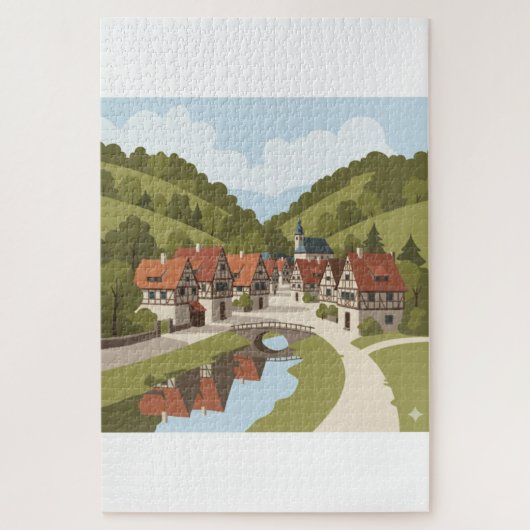 Vreedzaam dorp aan de rivier legpuzzel (Verticaal)