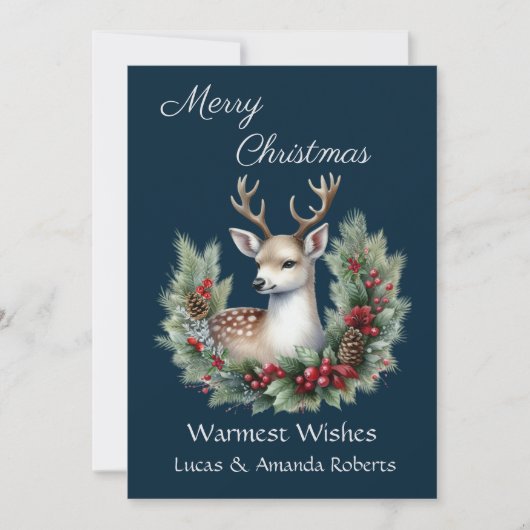 Vreedzaam hert, met Holly Krans, op Donkerblauw Feestdagenkaart (Voorkant)