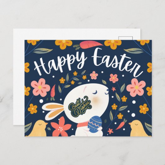 Vreedzaam Konijn met Pasen Ei “Happy Easter” Bloem Feestdagenkaart (Voorkant / Achterkant)