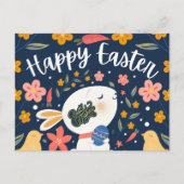Vreedzaam Konijn met Pasen Ei “Happy Easter” Bloem Feestdagenkaart (Voorkant)