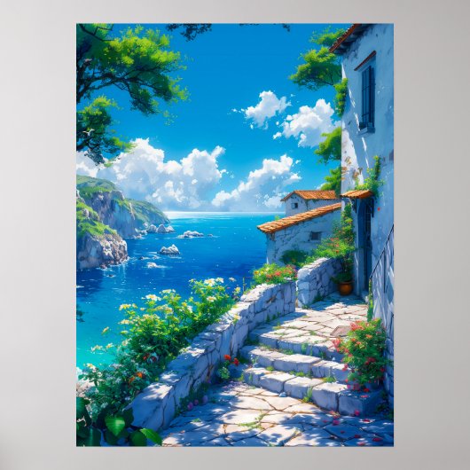 Vreedzaam kustdorp in de zomer poster (Voorkant)