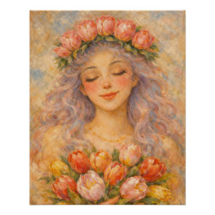 Vreedzaam meisje met gele tulpen perfect poster