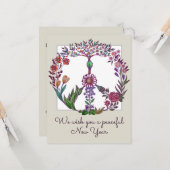 Vreedzaam Nieuwjaar Bloemig Vredesteken Persoonlij Kaart (Voorkant / Achterkant in situ)