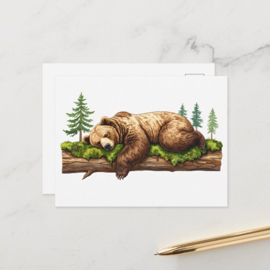 Vreedzaam slapen grizzly Beer bos illustratie Briefkaart (Voorkant / Achterkant in situ)