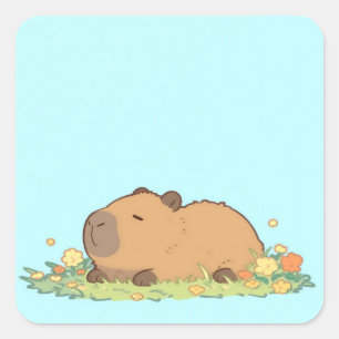 Vreedzaam slapende capybara in bloemenweide vierkante sticker