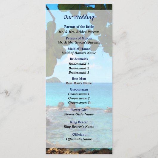 Vreedzaam strand St. Thomas huwelijksprogramma Programmakaart (Achterkant)