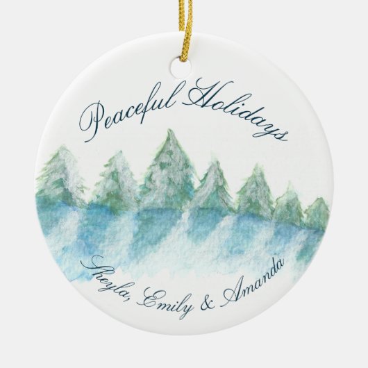 Vreedzaam Winter Woud Waterverf Script Kerstmis Keramisch Ornament (Voorkant)