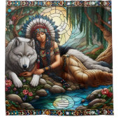 Vreedzame band: inheemse vrouw en wolf douchegordijn (Voorkant)