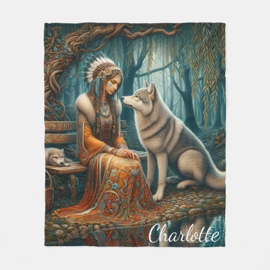 Vreedzame band: inheemse vrouw en wolf fleece deken (Voorkant)