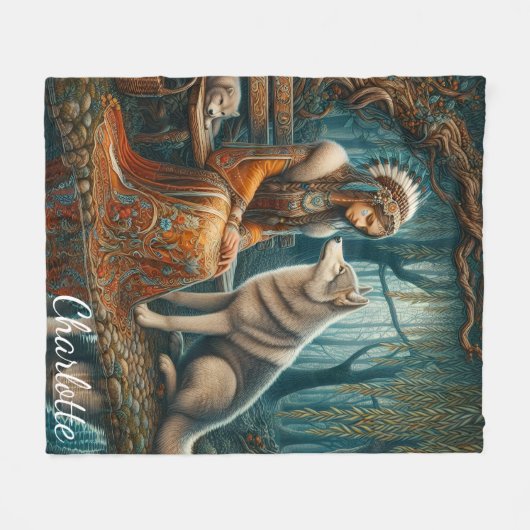 Vreedzame band: inheemse vrouw en wolf fleece deken (Voorkant (Horizontaal))