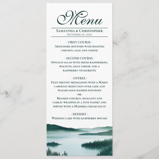 Vreedzame Bergmeer Elegante Rustieke Bruiloft Menu (Voorkant)