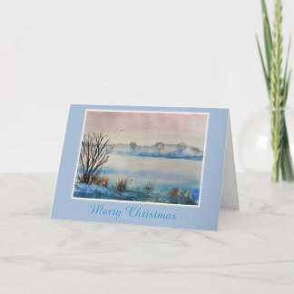 Vreedzame Besneeuwde Winter Meren Scene Kerstvakan Feestdagen Kaart