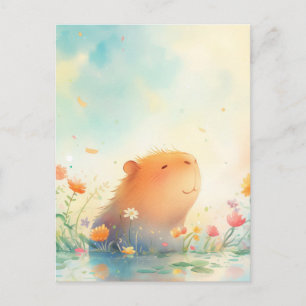 Vreedzame Capybara die glimlacht in vijver met wil Briefkaart