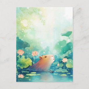 Vreedzame Capybara in Roze Lotusbloem Vijver Briefkaart