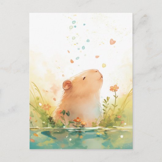 Vreedzame Capybara met Hart en Vallende Bloemblaad Briefkaart (Voorkant)