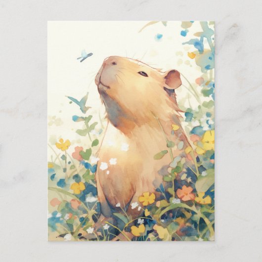 Vreedzame Capybara met Kleine Blauwe Vogel Briefkaart (Voorkant)