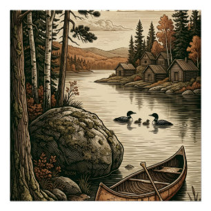 Vreedzame Dennenbos Rivier En Houten Boot Natuur Perfect Poster