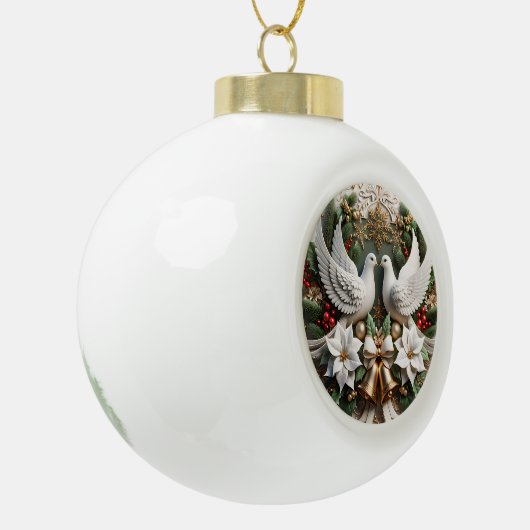 Vreedzame Duiven Poinsettias Elegant Kerstmis Keramische Bal Ornament (Links)