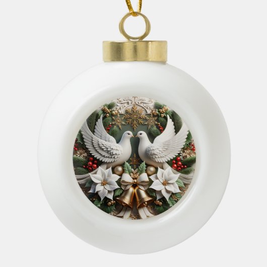 Vreedzame Duiven Poinsettias Elegant Kerstmis Keramische Bal Ornament (Voorkant)