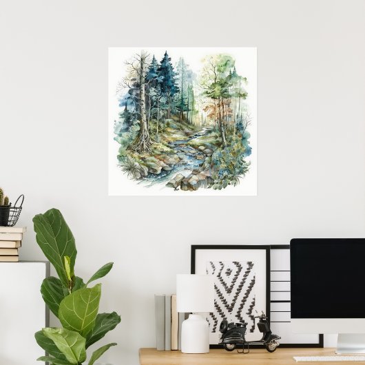 Vreedzame Forest Stream-Waterverf Poster (Thuiskantoor)
