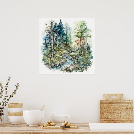 Vreedzame Forest Stream-Waterverf Poster (Keuken)