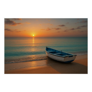 Vreedzame Gouden Zonsondergang met Boot op Strand  Perfect Poster