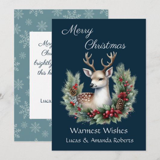 Vreedzame herten, met hulstkrans, op donkerblauw feestdagenkaart (Voorkant / Achterkant)