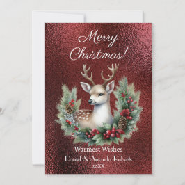 Vreedzame herten met krans, namaak rode textuur feestdagenkaart