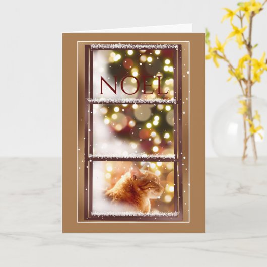 Vreedzame kat in een besneeuwde raam kerst Kaart (Gele Bloem)