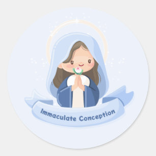 Vreedzame Kawaii Maagd Maria Biddend – Lichtblauw Ronde Sticker