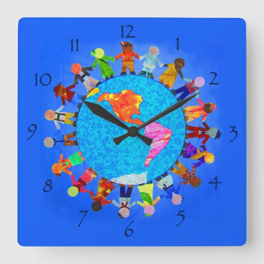 Vreedzame kinderen rond de World Wall Clock Vierkante Klok (Voorkant)
