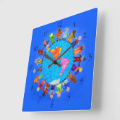 Vreedzame kinderen rond de World Wall Clock Vierkante Klok (Hoek)
