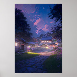 Vreedzame nacht in een plattelandsdorp in Japan Poster
