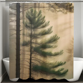 Vreedzame Natuur Pine Tree Foggy Oerwoud Douchegordijn