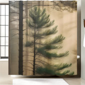 Vreedzame Natuur Pine Tree Foggy Oerwoud Douchegordijn