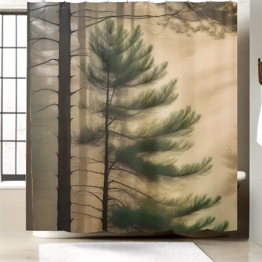 Vreedzame Natuur Pine Tree Foggy Oerwoud Douchegordijn