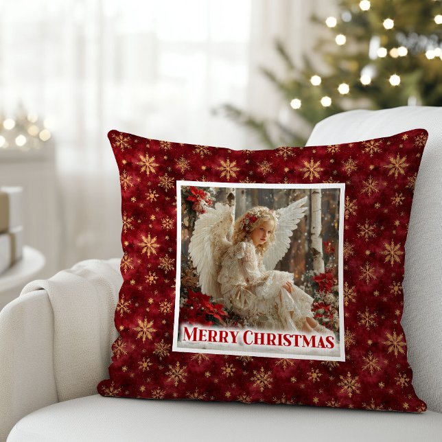 Vreedzame Poinsettia Engel Kerstcadeau Kussen (Peaceful Poinsettia Angel Christmas Gift Pillow)