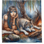 Vreedzame rivier met een wolf vriend douchegordijn (Voorkant)